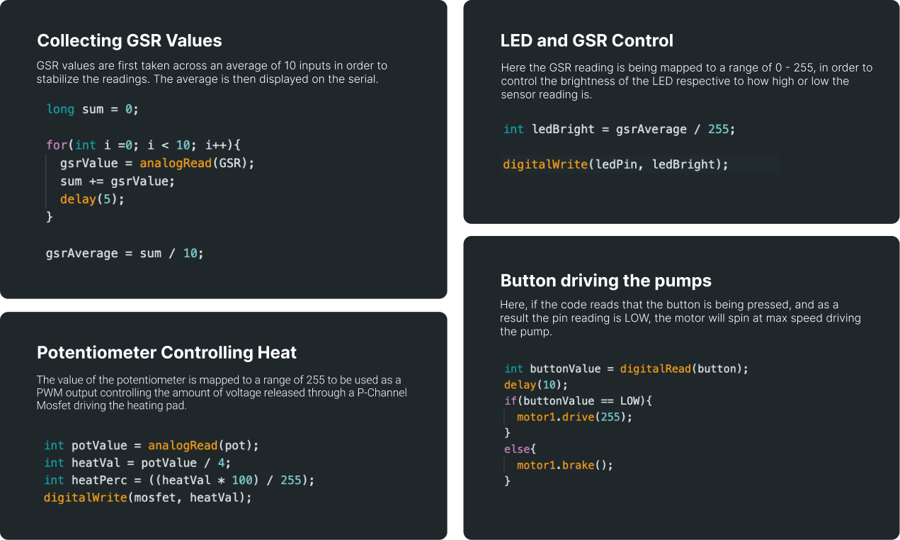 The Arduino code responding to the sensor values from the user